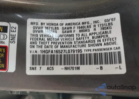 2007 Honda Civic Lx из США, поврежденный, VIN 1HGFA16527L079195